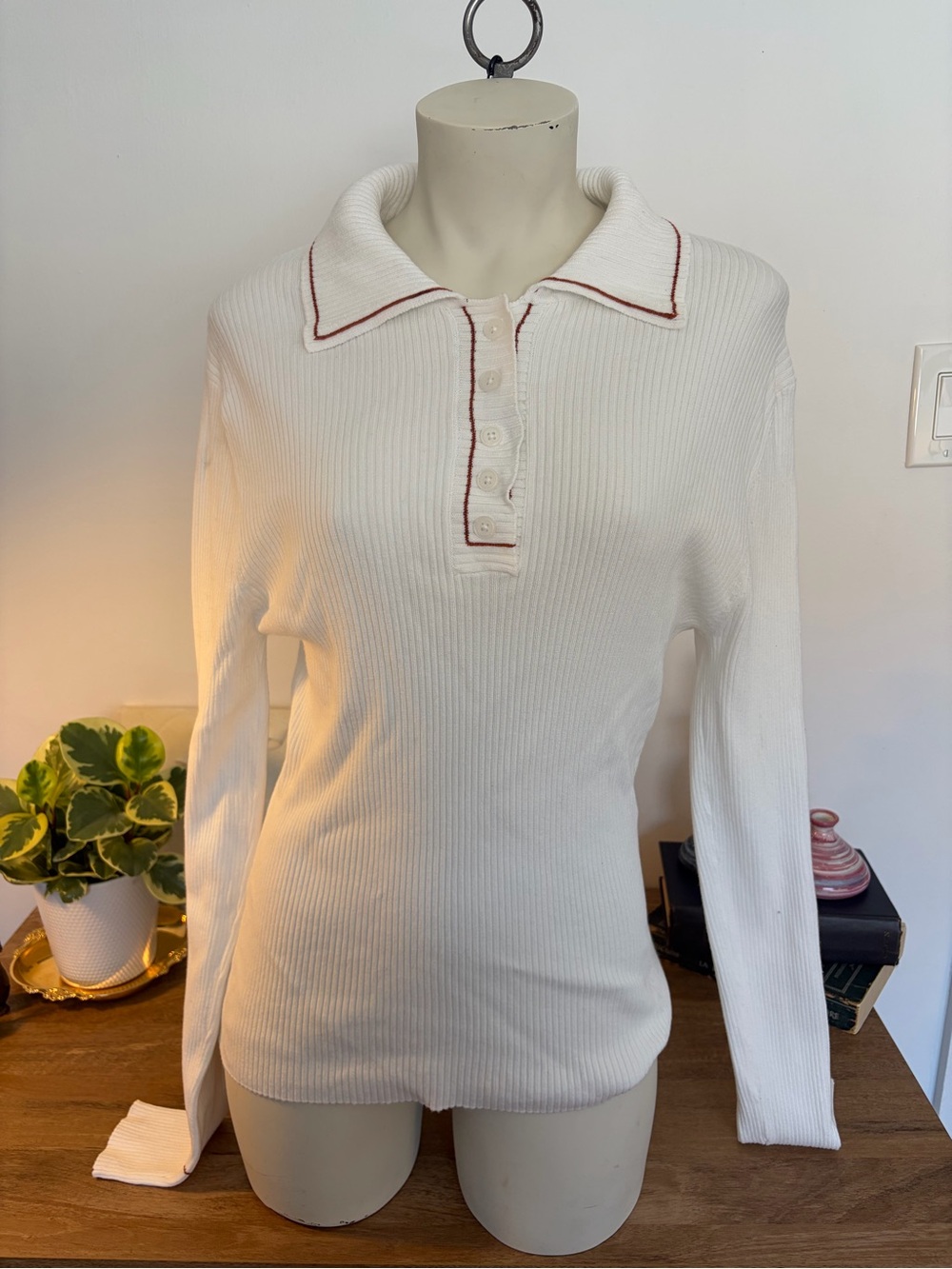French Connection Cream Ribbed Polo Sweater L